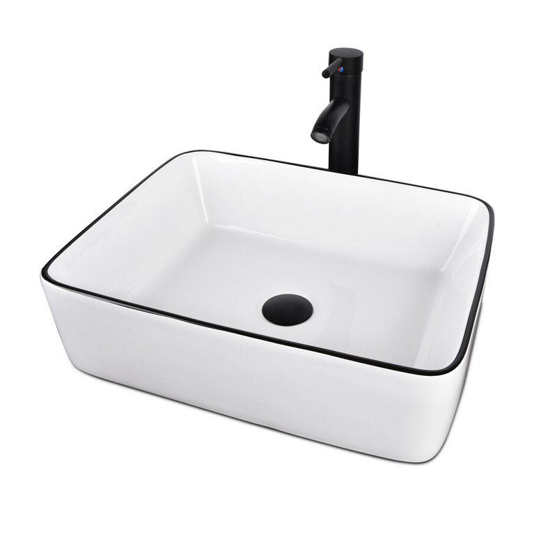 Elecwish White Ceramic Handmade Rectangular Vessel Bathroom Sink with